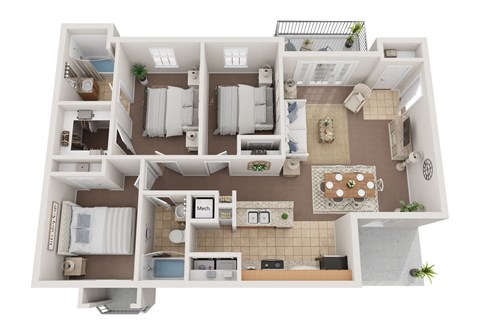 Floor plan for 3 beds, 2 baths, 1393 sqft